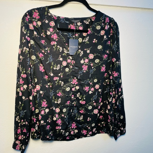 Lucky Brand Tops - LUCKY Floral Button Blouse Semi-Sheer in Navy, Multi Soft Pinks & Lavenders